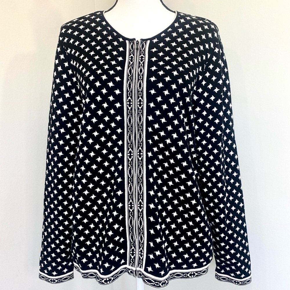 Foxcroft Black Ivory Full zip Cotton Star Cardigan Top Sweater Large Grannycore